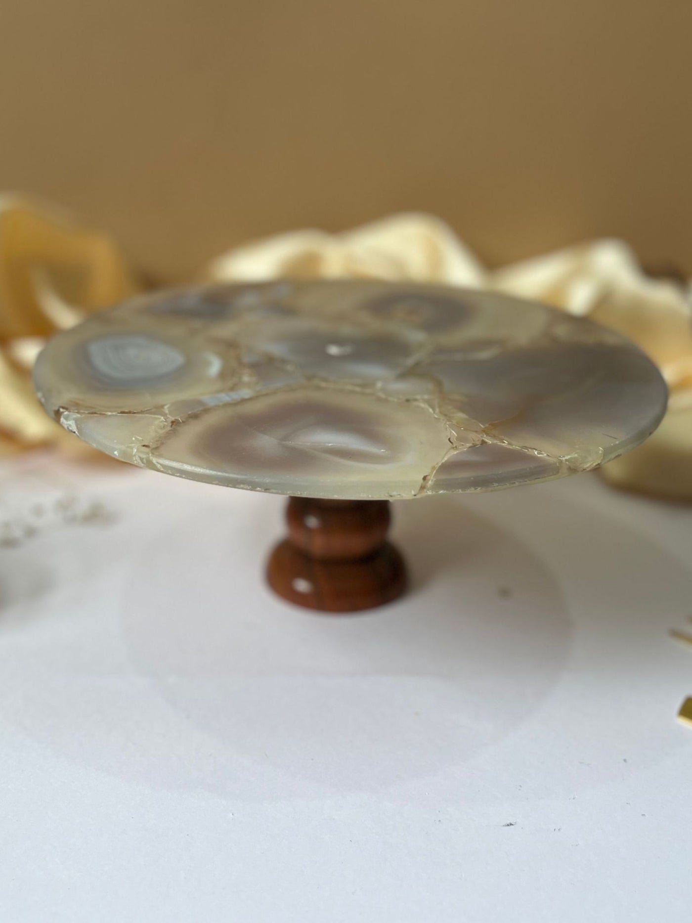 Round Agate Stone Cake Stand with Wood 10 Inch Natural