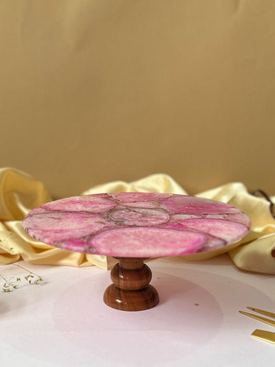Round Agate Stone Cake Stand with Wood 10 Inch Pink