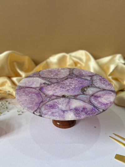 Round Agate Stone Cake Stand with Wood 10 Inch Purple