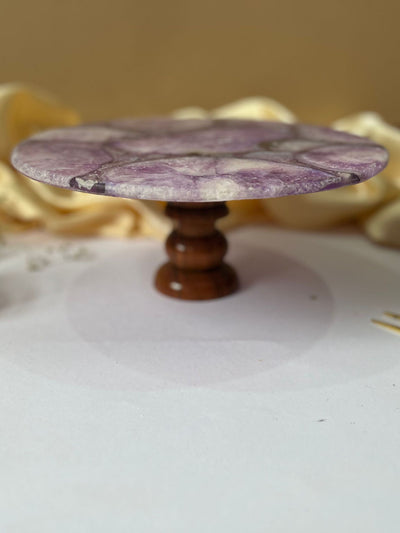 Round Agate Stone Cake Stand with Wood 10 Inch Purple