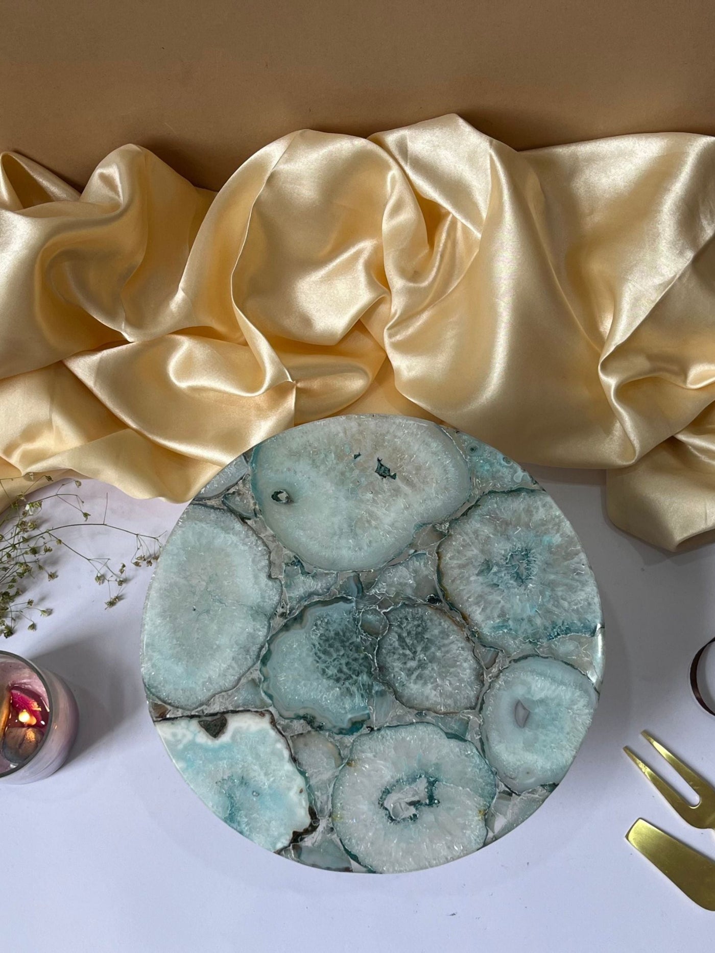 Round Agate Stone Cake Stand with Wood 10 Inch Turquoise