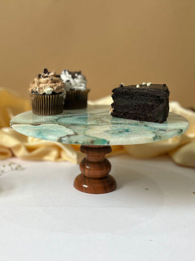 Round Agate Stone Cake Stand with Wood 10 Inch Turquoise