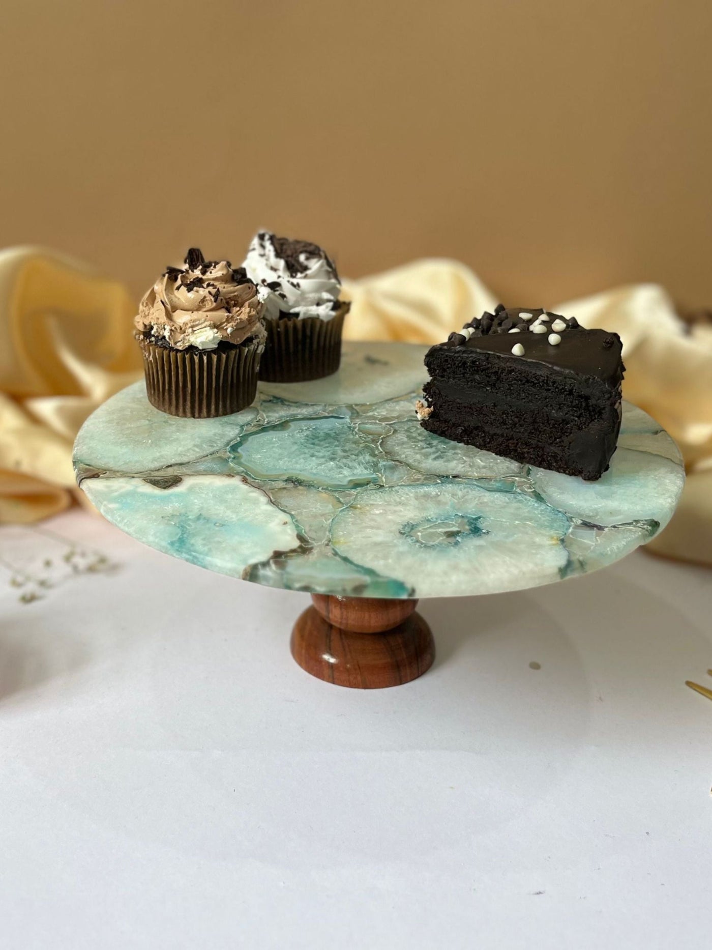 Round Agate Stone Cake Stand with Wood 10 Inch Turquoise