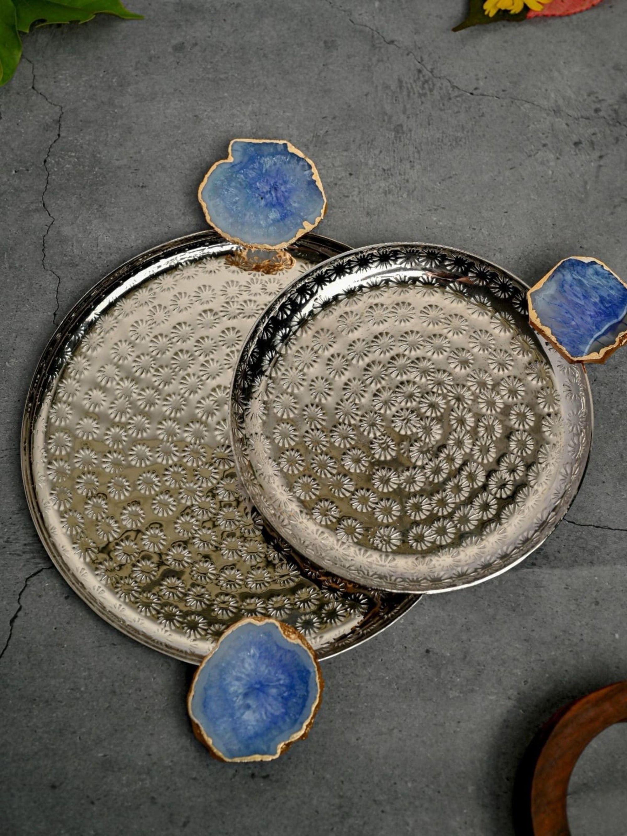Round Aluminum with Blue Agate & Metal Platter Set of 2