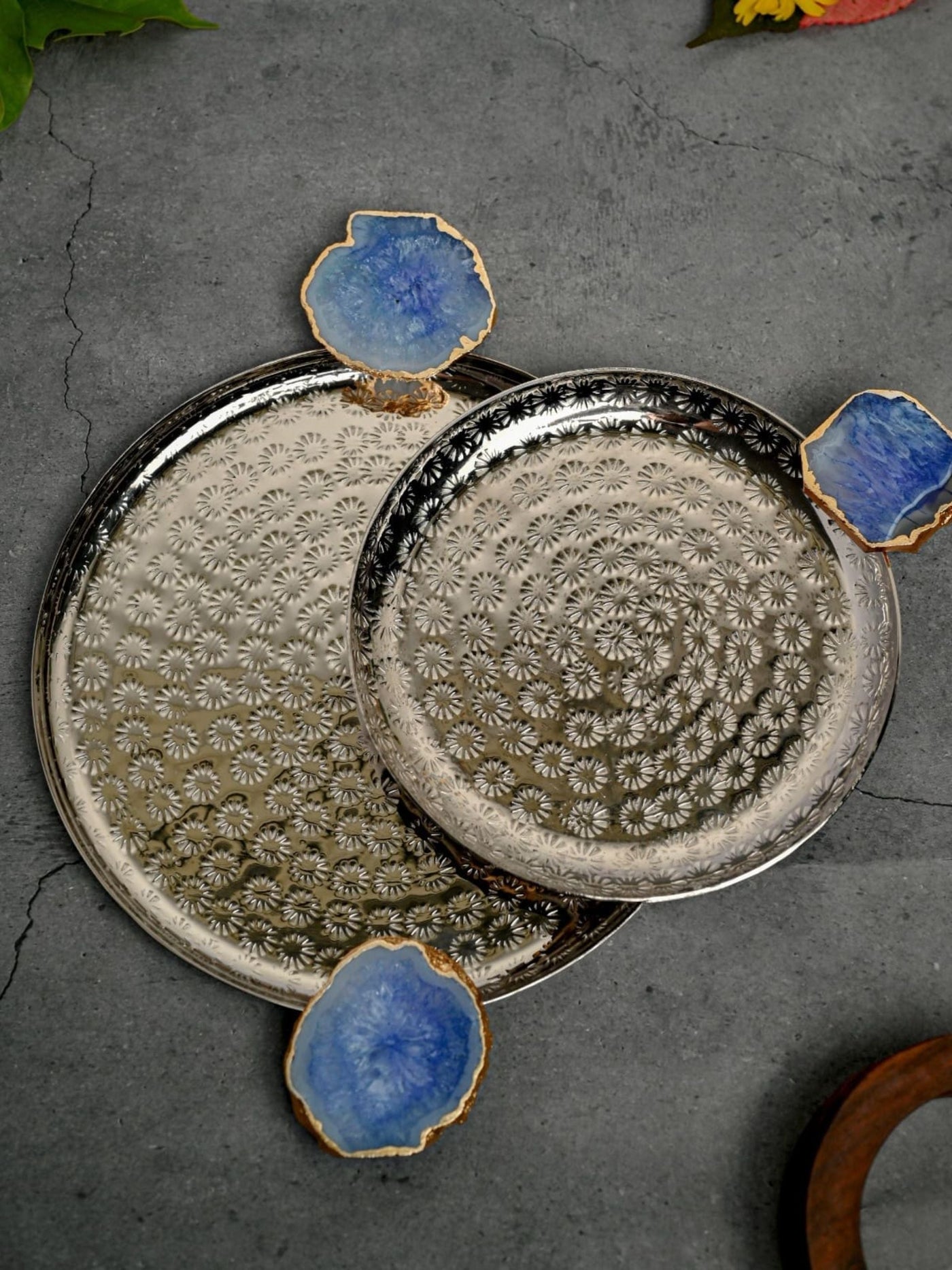 Round Aluminum  with Blue Agate & Metal Platter Set of 2