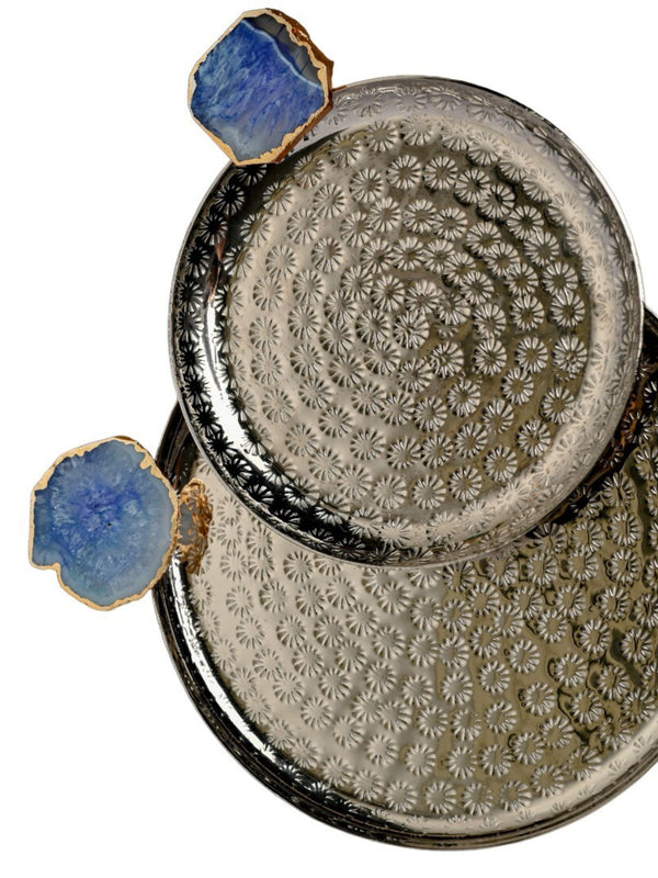 Round Aluminum with Blue Agate & Metal Platter Set of 2