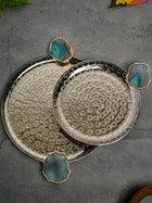 Round Aluminum with Green Agate & Metal Platter Set of 2