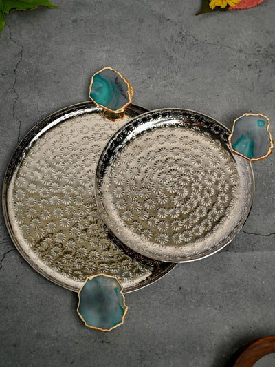 Round Aluminum  with Green Agate & Metal Platter Set of 2