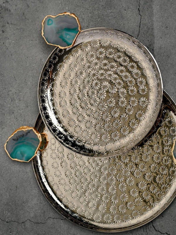 Round Aluminum with Green Agate & Metal Platter Set of 2