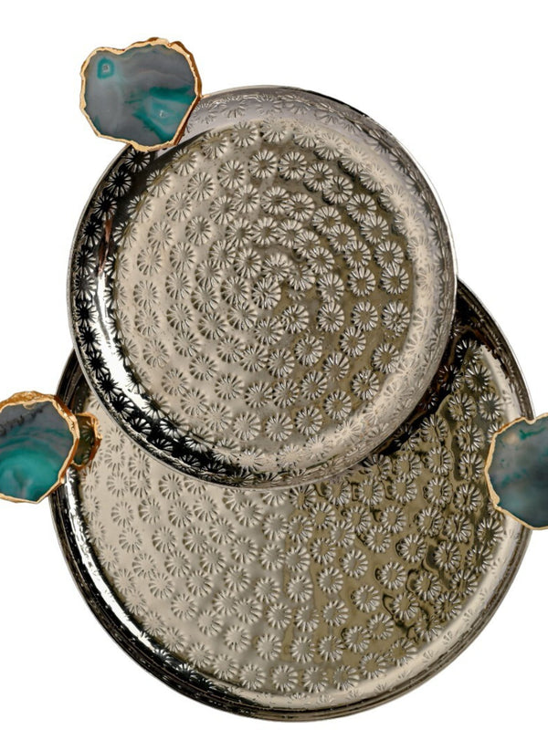 Round Aluminum with Green Agate & Metal Platter Set of 2