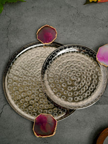 Round Aluminum with Pink Agate & Metal Platter Set of 2