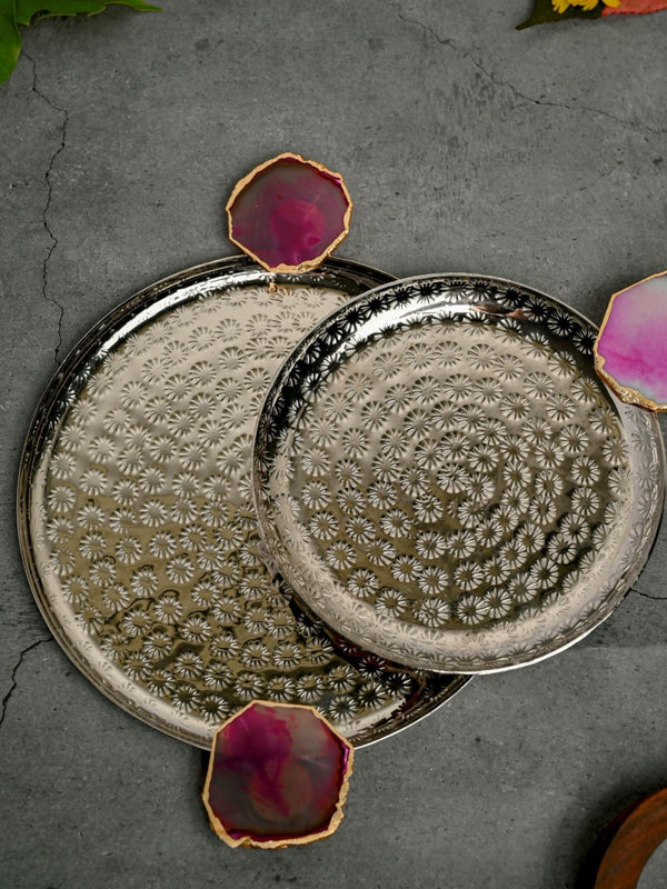 Round Aluminum with Pink Agate & Metal Platter Set of 2