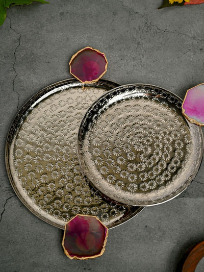 Round Aluminum  with Pink Agate & Metal Platter Set of 2