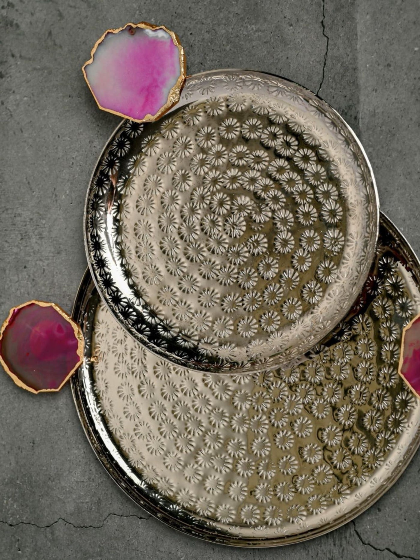 Round Aluminum  with Pink Agate & Metal Platter Set of 2