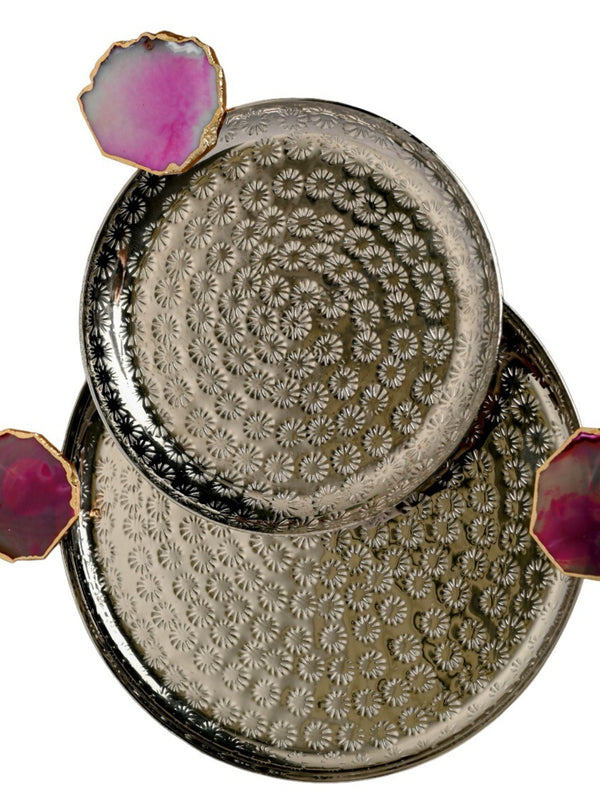 Round Aluminum with Pink Agate & Metal Platter Set of 2