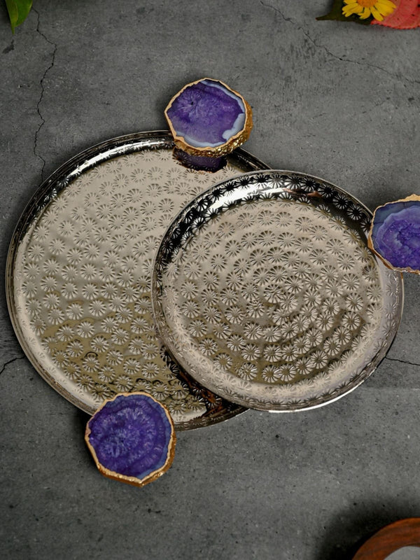 Round Aluminum with Purple Agate & Metal Platter Set of 2