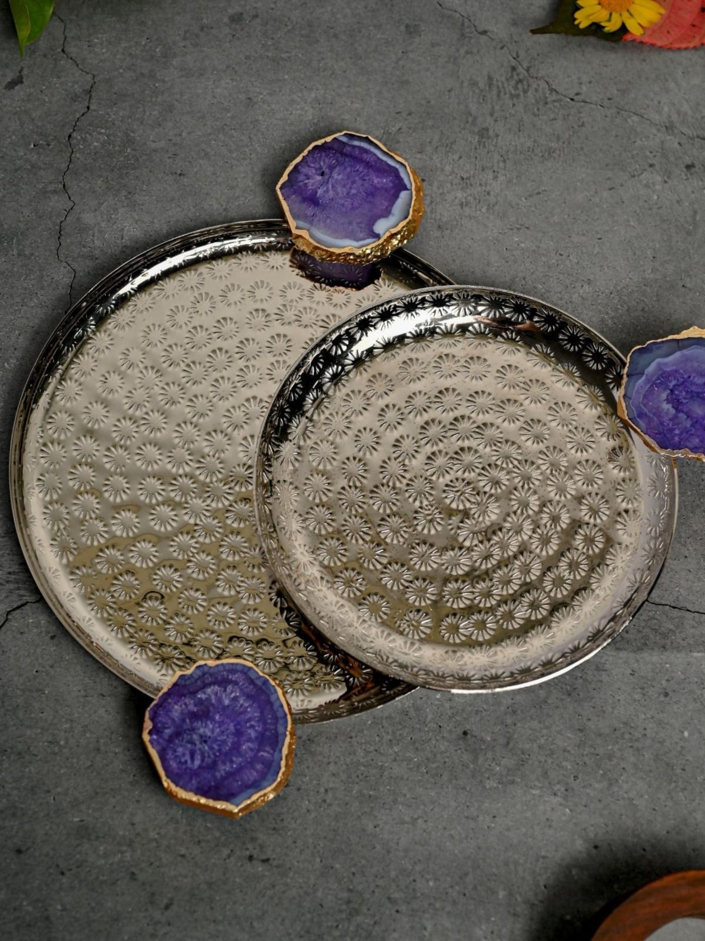 Round Aluminum  with Purple Agate & Metal Platter Set of 2