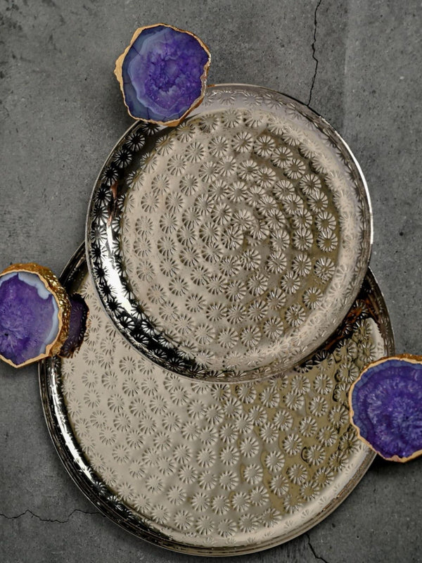 Round Aluminum with Purple Agate & Metal Platter Set of 2