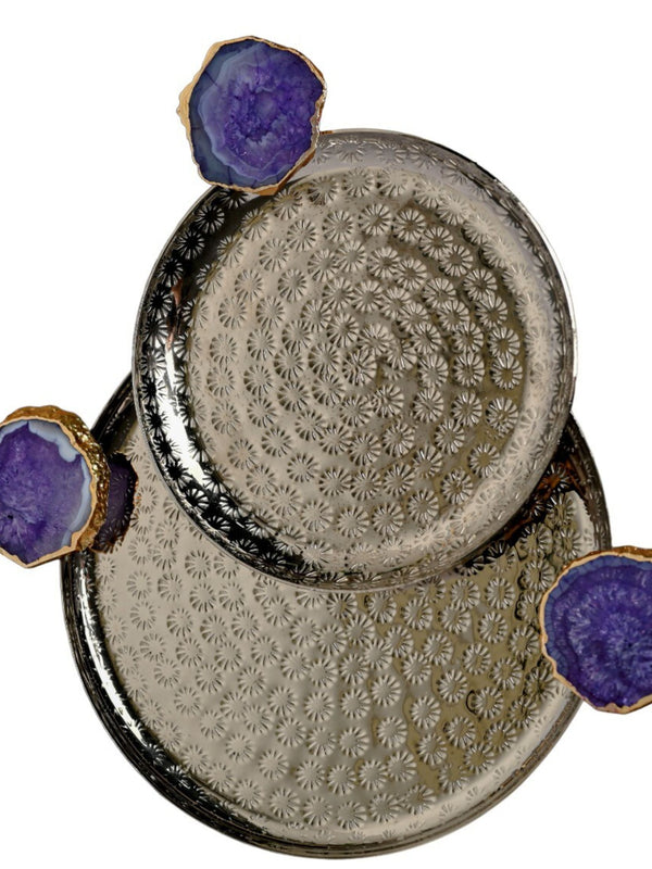 Round Aluminum with Purple Agate & Metal Platter Set of 2