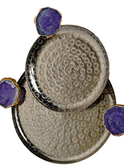 Round Aluminum  with Purple Agate & Metal Platter Set of 2