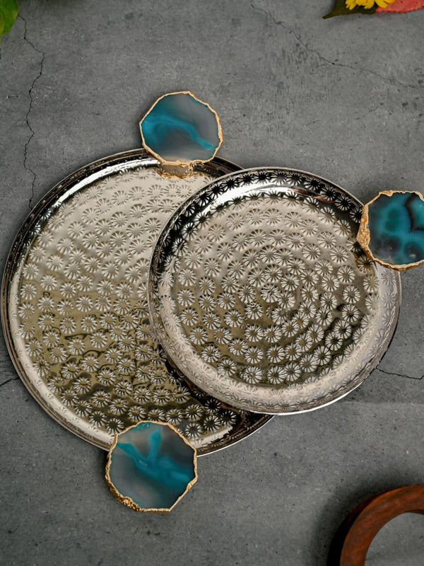 Round Aluminum with Turquoise Agate & Metal Platter Set of 2