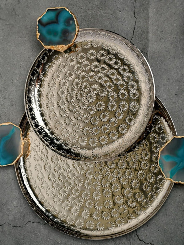 Round Aluminum with Turquoise Agate & Metal Platter Set of 2
