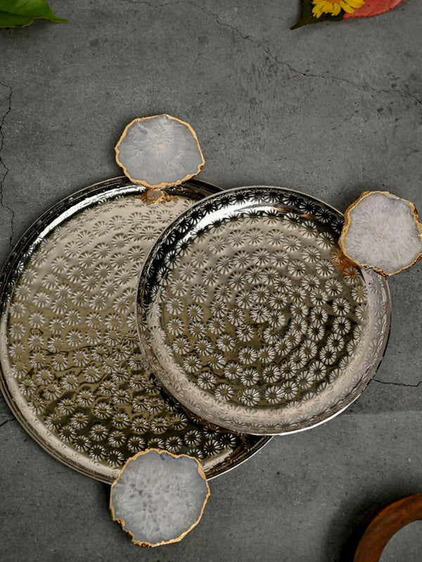 Round Aluminum with White Agate Platter Set of 2