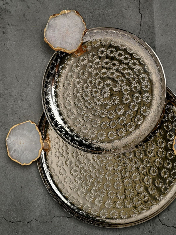 Round Aluminum with White Agate Platter Set of 2