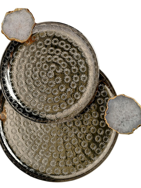 Round Aluminum with White Agate Platter Set of 2