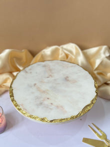 Round Marble Cake Stand with Wood 10 Inch White