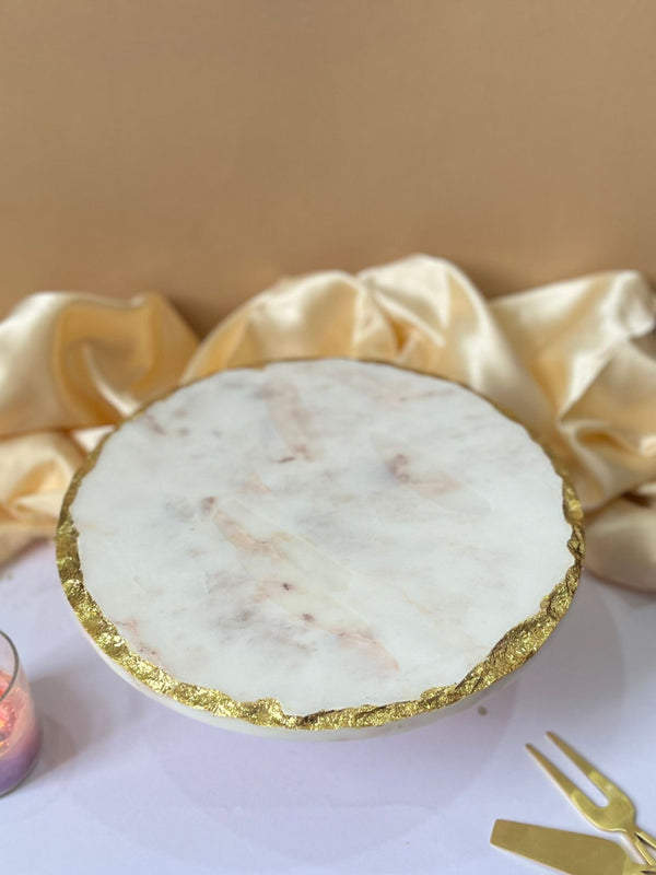 Round Marble Cake Stand with Wood 10 Inch White