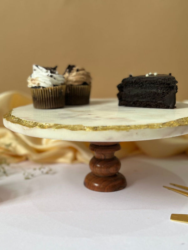 Round Marble Cake Stand with Wood 10 Inch White