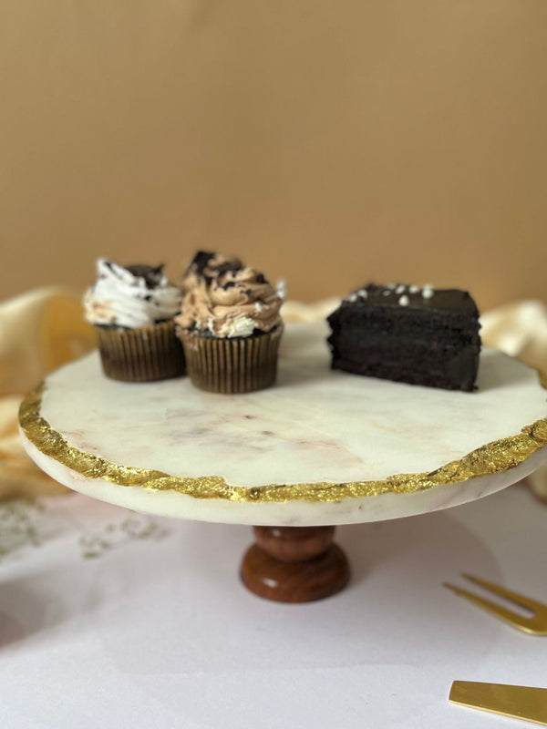 Round Marble Cake Stand with Wood 10 Inch White