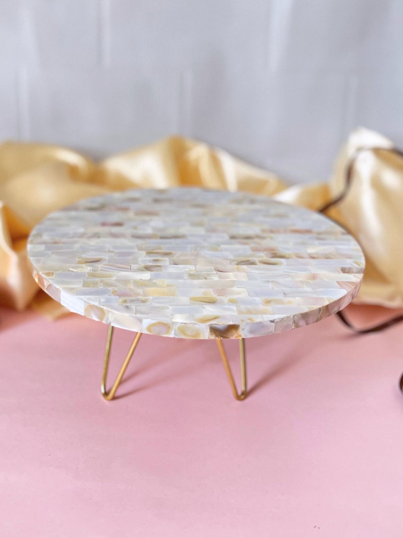 Round Mother Of Pearl Cake Stand with Metal Stand White