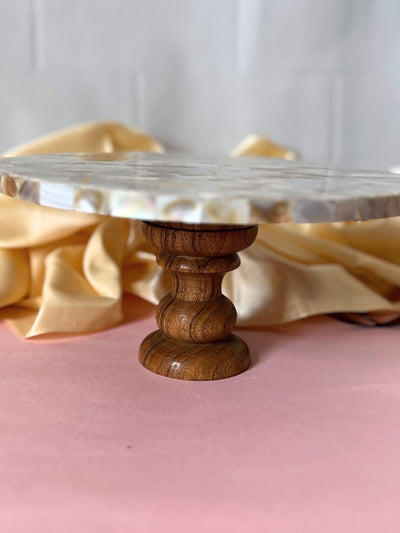 Round Mother Of Pearl Cake Stand with wooden Stand White