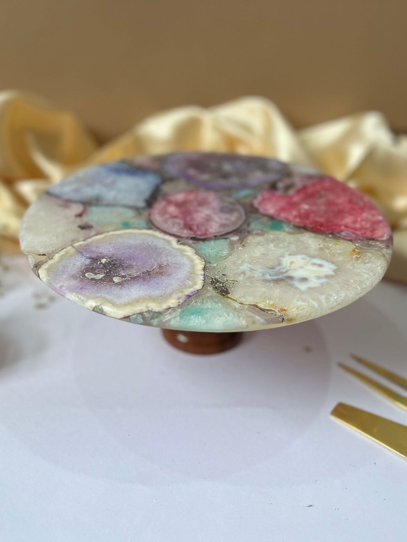 Round Multi Color Agate Cake Stand with Wood 10 Inch