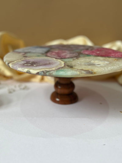 Round Multi Color Agate Cake Stand with Wood 10 Inch