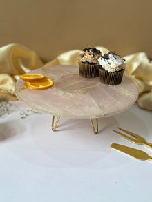 Round Rose Quartz Cake Stand with Metal Stand 10 Inch Green