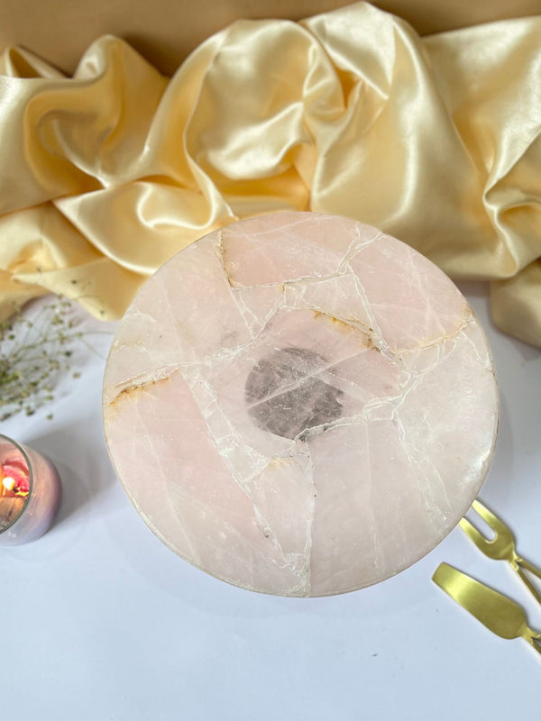 Round Rose Quartz Cake Stand with Metal Stand 10 Inch Green