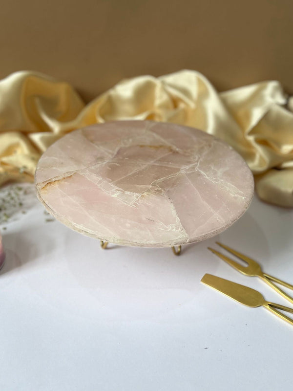 Round Rose Quartz Cake Stand with Metal Stand 10 Inch Green