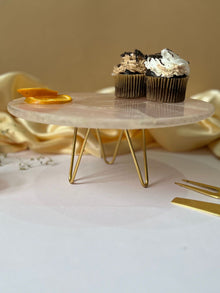 Round Rose Quartz Cake Stand with Metal Stand 10 Inch Green