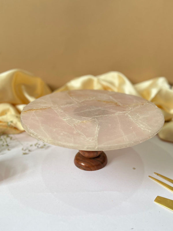 Round Rose Quartz Cake Stand with Wood 10 Inch