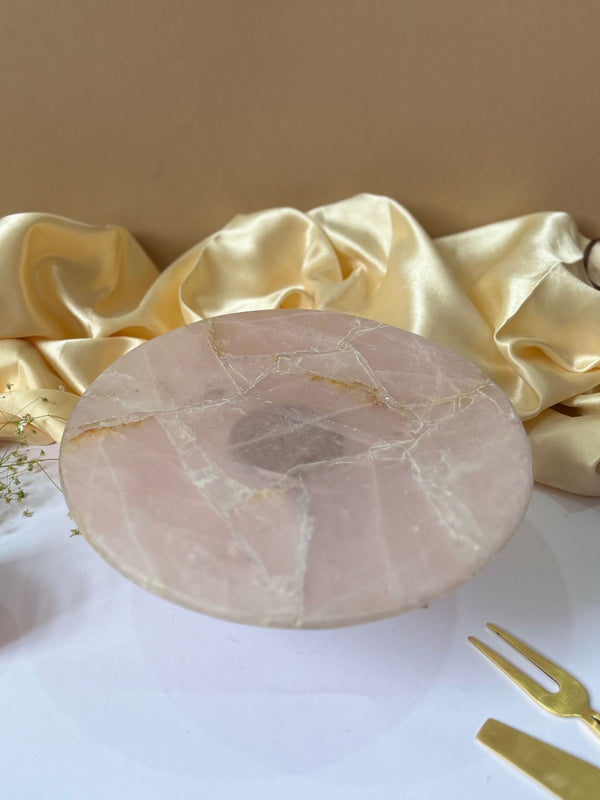 Round Rose Quartz Cake Stand with Wood 10 Inch