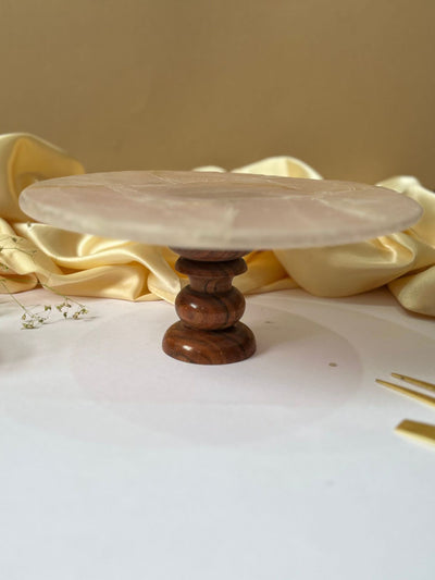 Round Rose Quartz Cake Stand with Wood 10 Inch