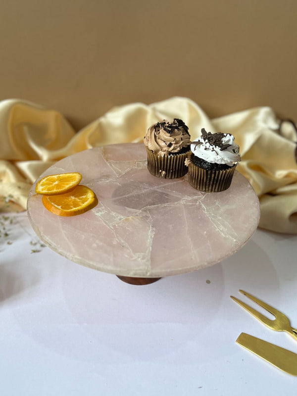 Round Rose Quartz Cake Stand with Wood 10 Inch