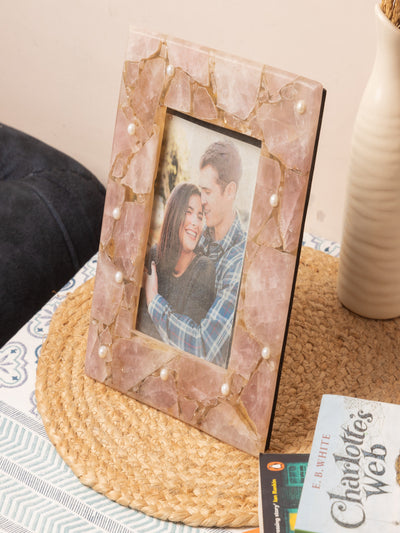 Rose Quartz Photo Frame – Natural Stone Handmade Picture Frame for Elegant Home Décor Luxury Crystal Frame for Memories Wedding & Anniversary Gift