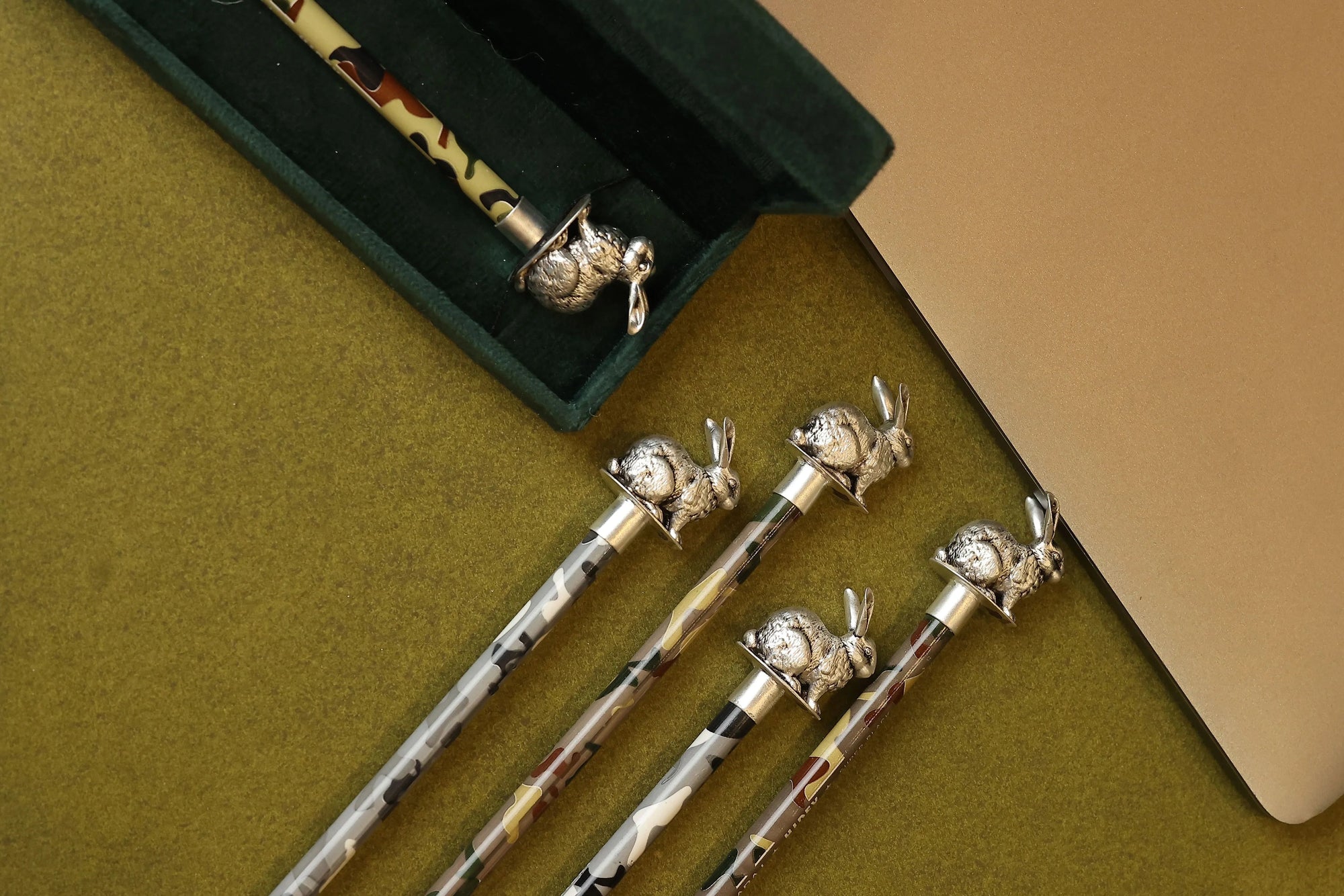 Sabera decorative silver bunny pencil toppers on camouflage pencils, gift for kids