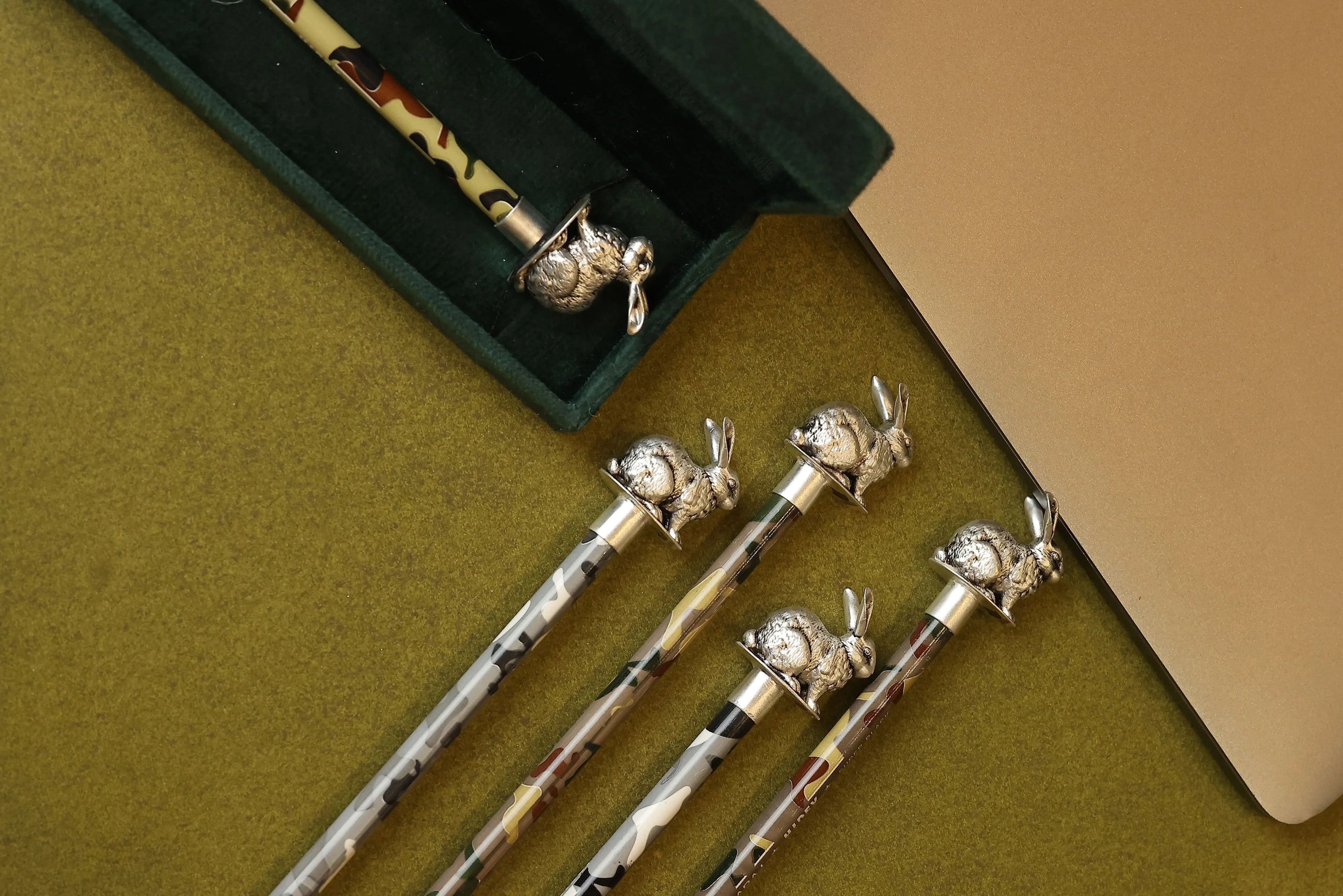 Sabera decorative silver bunny pencil toppers on camouflage pencils, gift for kids