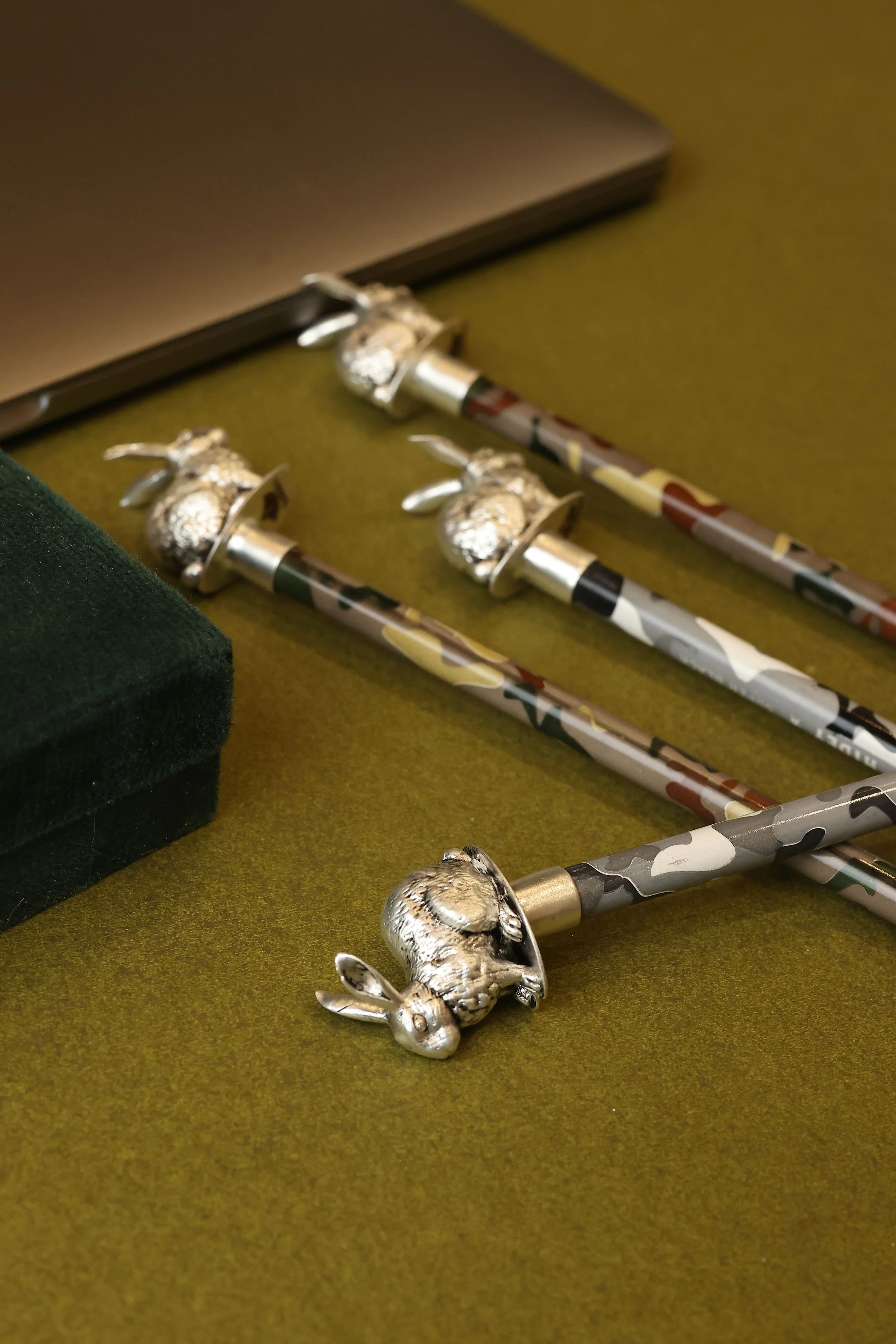 Sabera decorative silver bunny pencil toppers with metallic rabbit design on patterned pencils