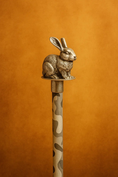 Sabera decorative silver bunny pencil topper with metallic rabbit design, camo pencil background.